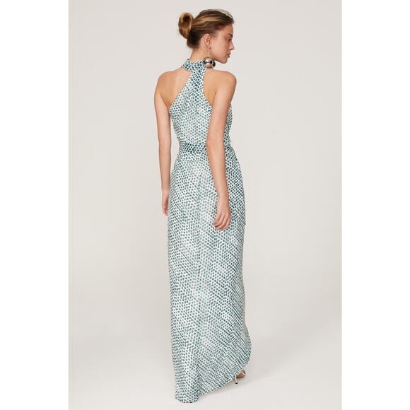 ELLE ZEITOUNE Blue Polka Dot Satin Halter Neckline Tie Waist Grace Gown Size L - Picture 2 of 16